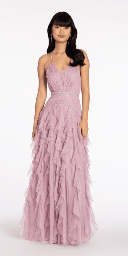 lilac/size/4/missy/Camille La Vie/Mesh Strappy Back Halter Tiered Ballgown/front