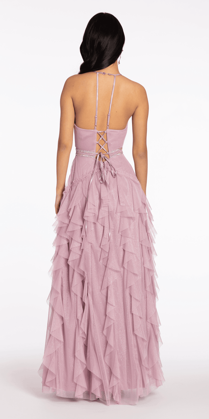 lilac/size/4/missy/Camille La Vie/Mesh Strappy Back Halter Tiered Ballgown/back