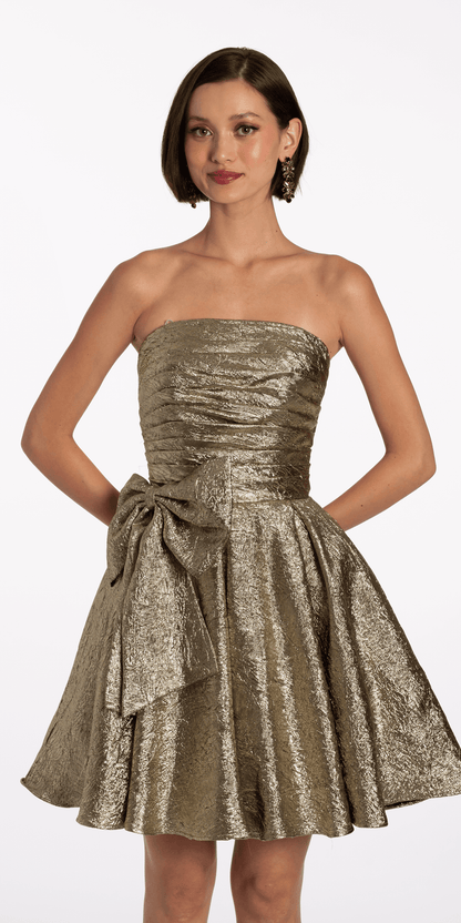 gold/size/4/missy/Camille La Vie/Metallic Crinkle Pleated Strapless Fit and Flare Dress with Bow/ front alt