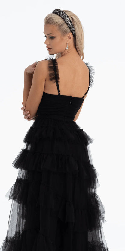 black/size/4/ missy/Camille La Vie/Multi Tiered Tulle Ballgown with Satin Waist Accent/back close up