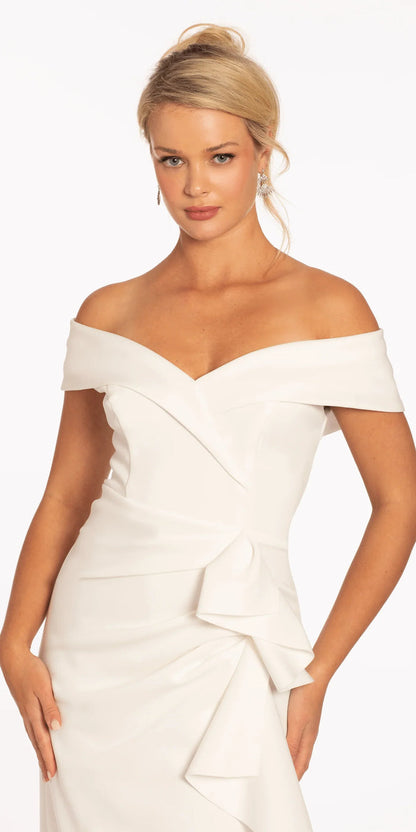 Off the Shoulder Midi Scuba Dress with Side Cascade - Camille La Vie