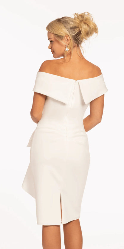 Off the Shoulder Midi Scuba Dress with Side Cascade - Camille La Vie