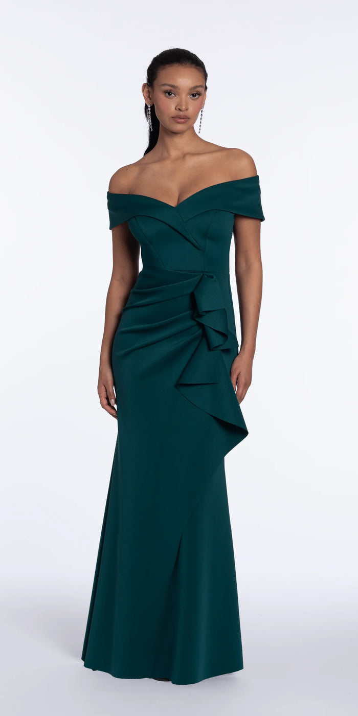 hunter-green/size/4/missy/Camille La Vie/Off the Shoulder Scuba Dress with Side Ruffle/front