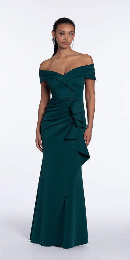 hunter-green/size/4/missy/Camille La Vie/Off the Shoulder Scuba Dress with Side Ruffle/front