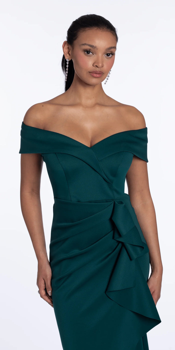 hunter-green/size/4/missy/Camille La Vie/Off the Shoulder Scuba Dress with Side Ruffle/close up