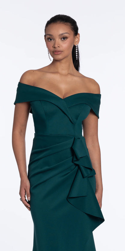 hunter-green/size/4/missy/Camille La Vie/Off the Shoulder Scuba Dress with Side Ruffle/close alt