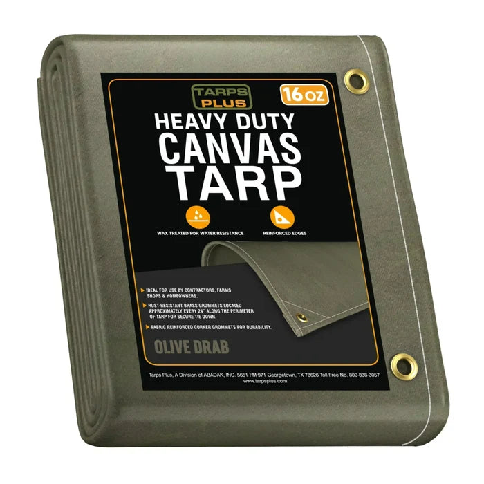 Olive Drab 6' x 8' canvas tarp folded for compact outdoor storage coverage
