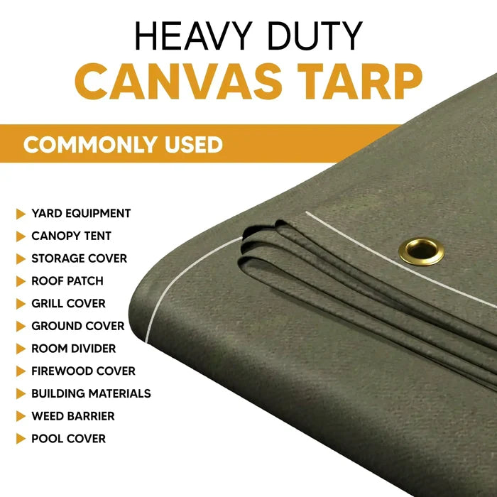 Olive Drab 6' x 8' canvas tarp featuring eyelet edges and stitched seams