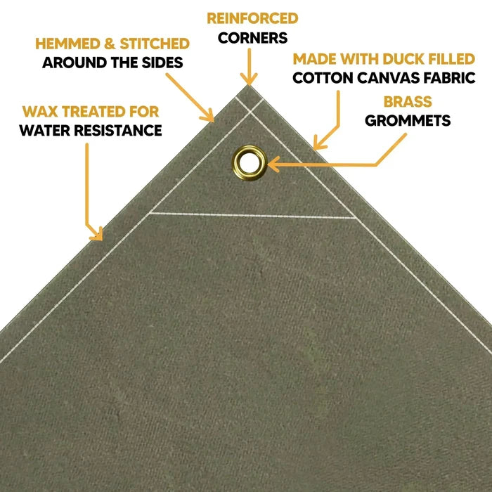 Olive Drab 6' x 8' canvas tarp with reinforced corners and thick fabric support