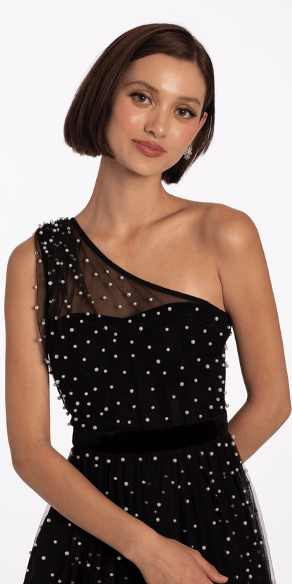 One Shoulder Pearl Mesh Tea Length Dress - Camille La Vie