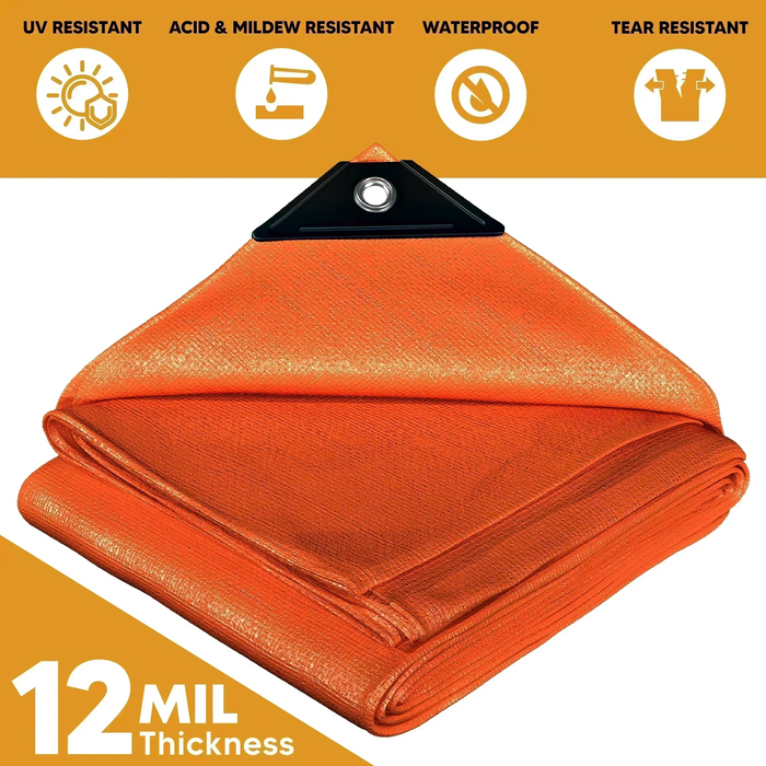 Folded Orange 10' x 10' protection layer tarps prepared for temporary shielding applications