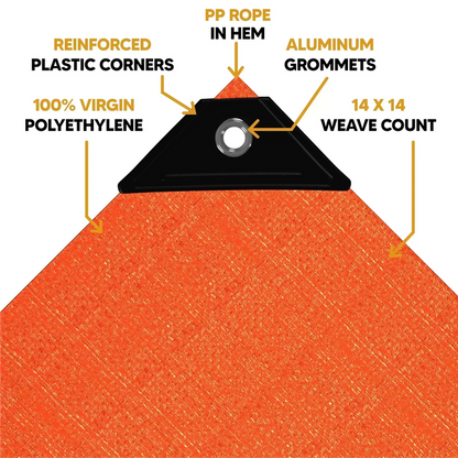 Orange 10' x 10' tarps with reinforced edge detail and durable anchor support