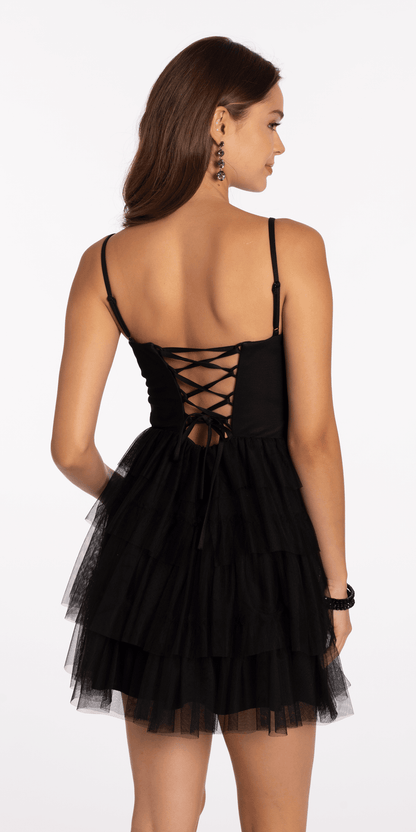 black/size/4/missy/Camille La Vie/Peek a Boo Bows Mesh Tiered Fit and Flare Dress/back