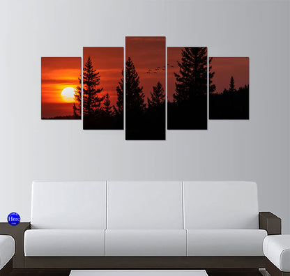 Pine Forest Silhouette with Canada Geese Against a Crimson Sunset