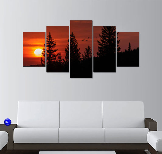 Pine Forest Silhouette with Canada Geese Against a Crimson Sunset
