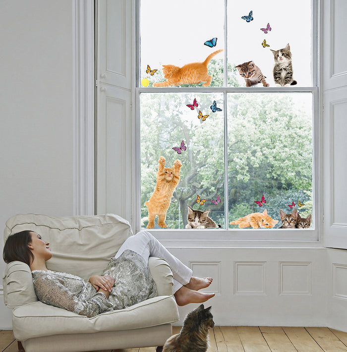 Playful Cats & Butterflies Window Stickers in a room setting