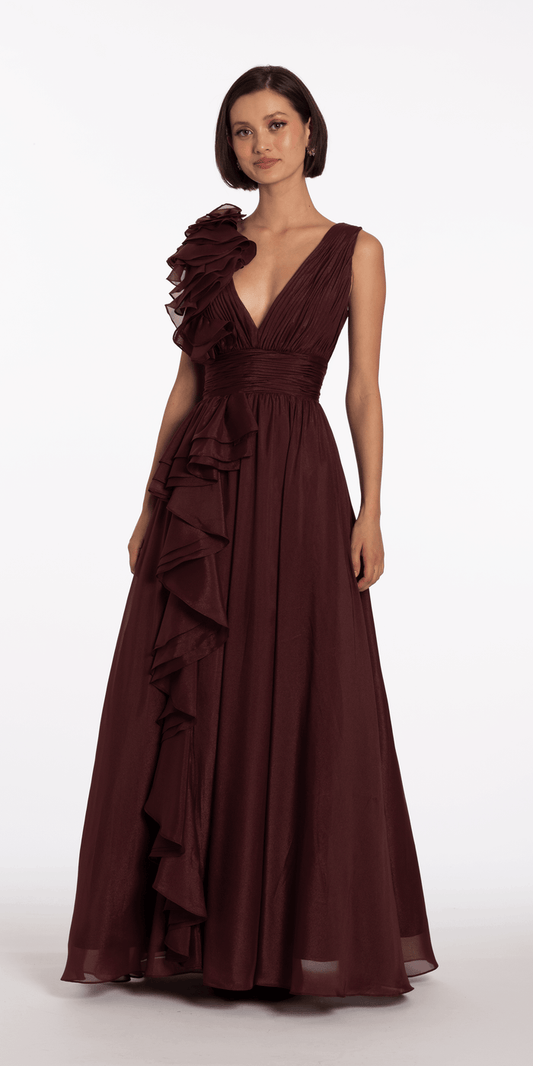 wine/size/4/missy/Camille La Vie/Pleated Organza V Neck Ballgown with 3D Ruffle/front