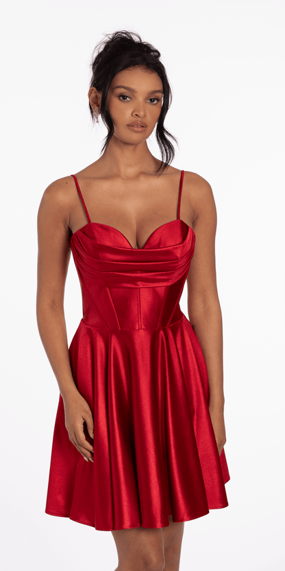 wine/size/4/missy/Camille La Vie/Pleated Shimmer Satin Corset Skater Dress with Pockets/front alt 3