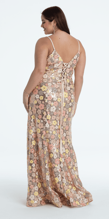 gold-multi/size/14/plus/Camille La Vie/Plunging Sequin Daisy Lace Up Back Trumpet Dress/back