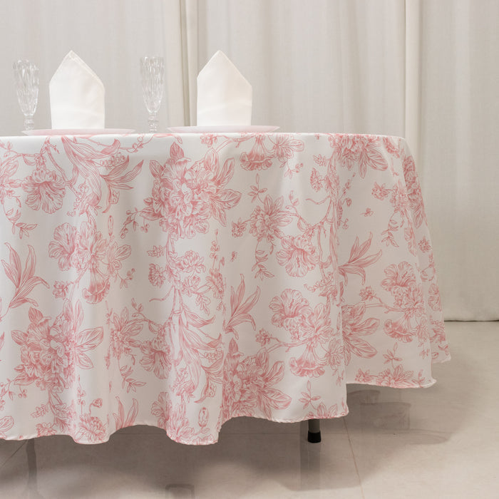 tablecloth, polyester tablecloth, round tablecloth, table cover, french toile tablecloth, floral tablecloth, table linen#color_white-pink