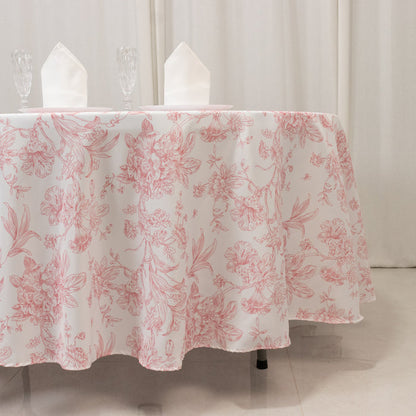 tablecloth, polyester tablecloth, round tablecloth, table cover, french toile tablecloth, floral tablecloth, table linen#color_white-pink