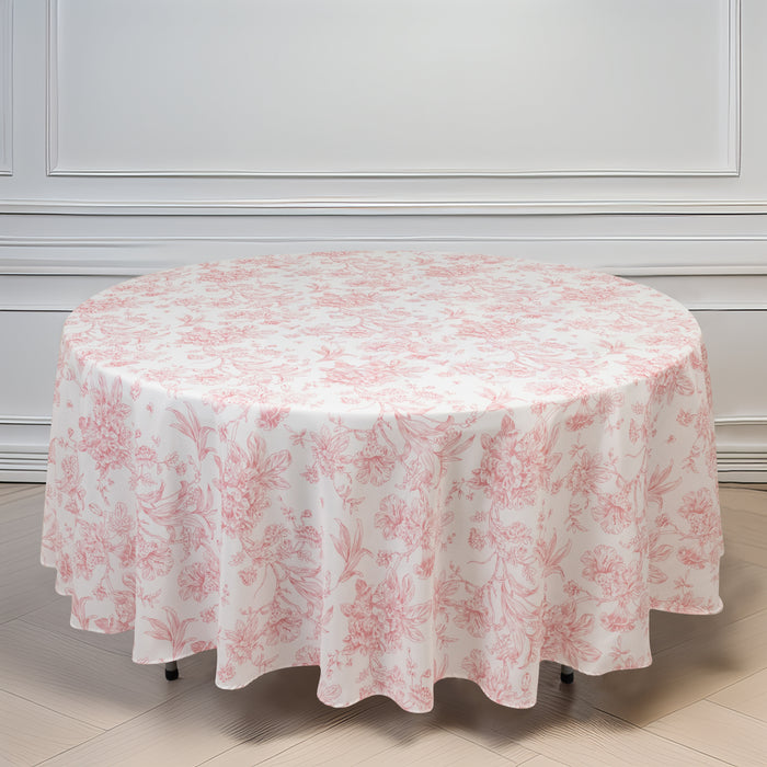tablecloth, polyester tablecloth, round tablecloth, table cover, french toile tablecloth, floral tablecloth, table linen#color_white-pink
