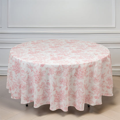 tablecloth, polyester tablecloth, round tablecloth, table cover, french toile tablecloth, floral tablecloth, table linen#color_white-pink
