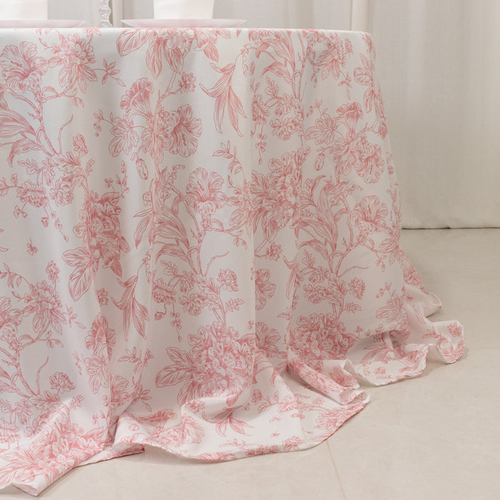 tablecloth, polyester tablecloth, round tablecloth, table cover, french toile tablecloth, floral tablecloth, table linen#color_white-pink
