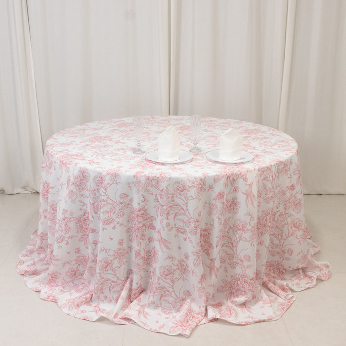 tablecloth, polyester tablecloth, round tablecloth, table cover, french toile tablecloth, floral tablecloth, table linen#color_white-pink