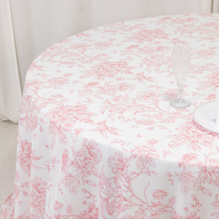 tablecloth, polyester tablecloth, round tablecloth, table cover, french toile tablecloth, floral tablecloth, table linen#color_white-pink