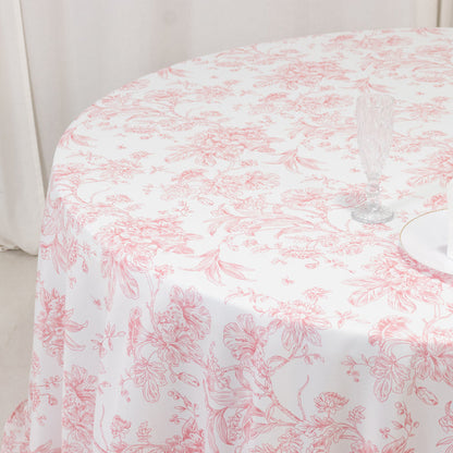 tablecloth, polyester tablecloth, round tablecloth, table cover, french toile tablecloth, floral tablecloth, table linen#color_white-pink