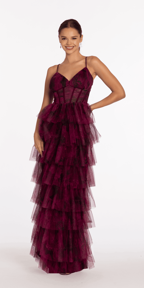 wine/size/4/missy/Camille La Vie/Print Mesh Sweetheart Corset Tiered Dress /front