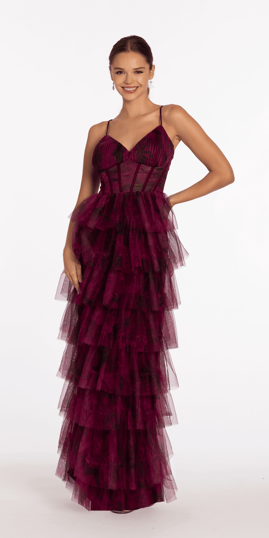 wine/size/4/missy/Camille La Vie/Print Mesh Sweetheart Corset Tiered Dress /front