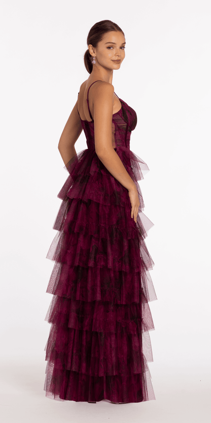 wine/size/4/missy/Camille La Vie/Print Mesh Sweetheart Corset Tiered Dress /back
