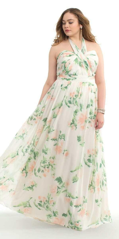 ivory-blush/size/14/plus/Camille La Vie/Print Tie Neck Dress/front alt