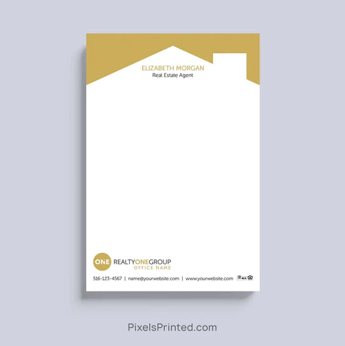 Realty ONE Group realtor notepad with house roof design and personalized branding