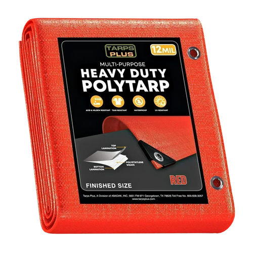 Red 20' x 30' ruby tarps designed for outdoor utility and protective coverage tasks