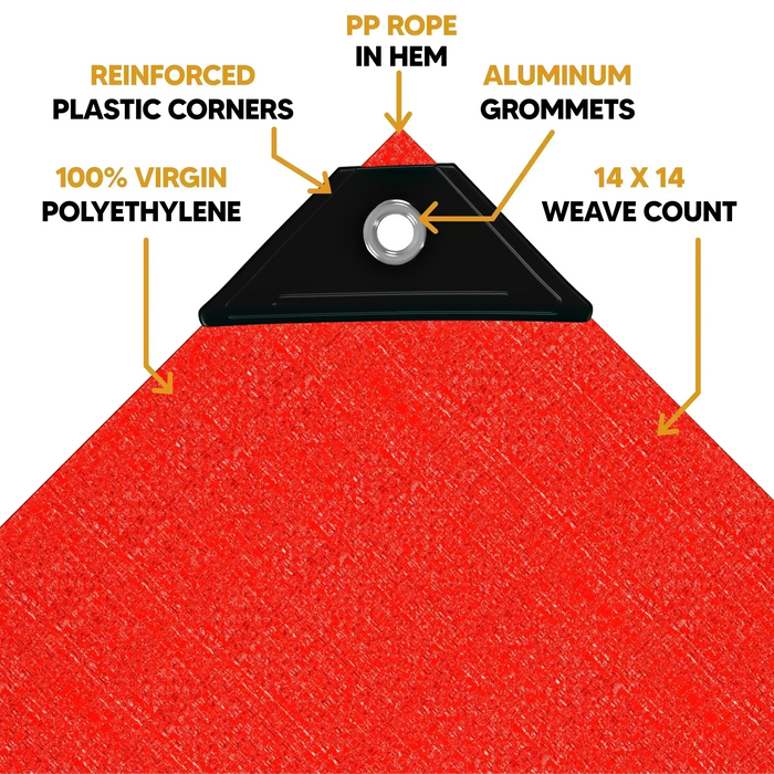 Red 20' x 30' tarps featuring anchor corner support and reinforced fastening construction