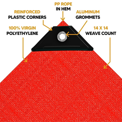 Red 20' x 30' tarps featuring anchor corner support and reinforced fastening construction