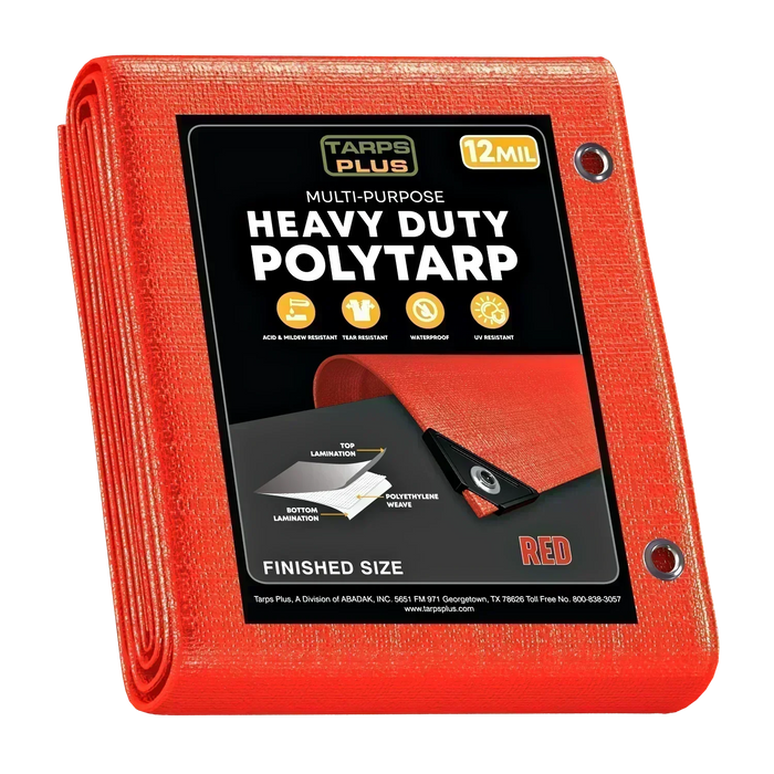 Red 30' x 30' extra coverage tarps designed for outdoor utility and protection tasks