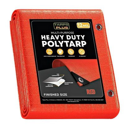 Red 30' x 30' extra coverage tarps designed for outdoor utility and protection tasks