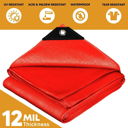 Folded Red 30' x 30' ruby shield tarps prepared for temporary weather barrier projects