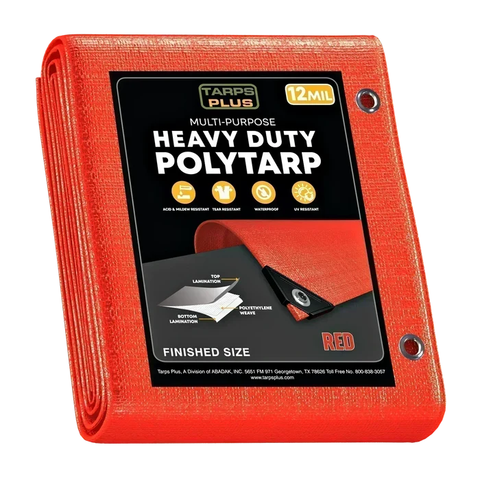 Red 30' x 40' bright tarp designed for outdoor utility and weather protection coverage