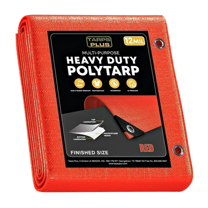 Red 30' x 40' bright tarp designed for outdoor utility and weather protection coverage