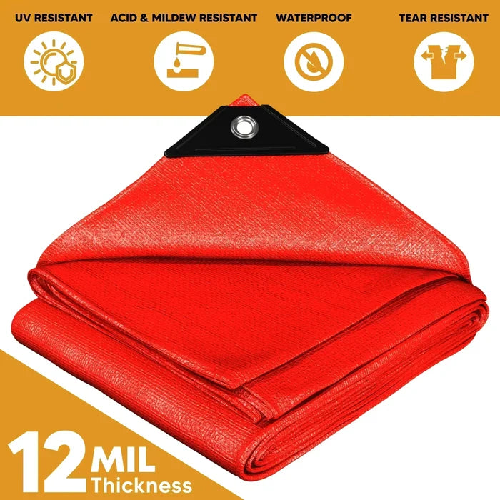 Folded Red 30' x 40' crimson layer tarp prepared for temporary shielding applications