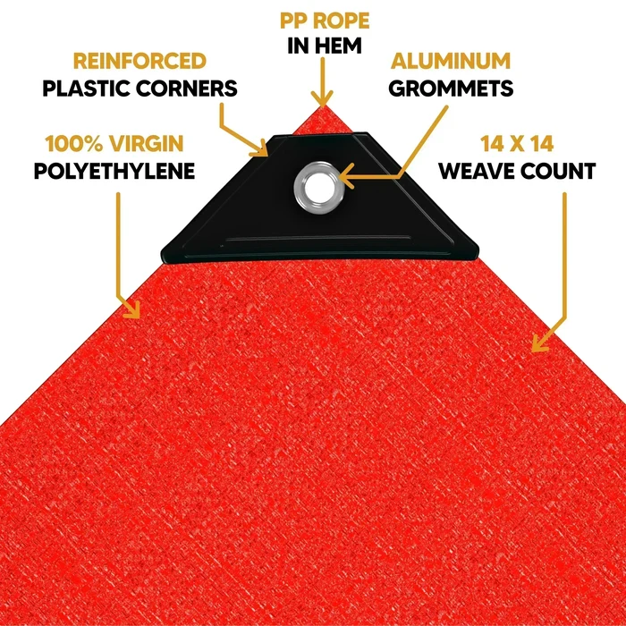 Red 30' x 40' tarp featuring reinforced anchor panel and secure fastening construction