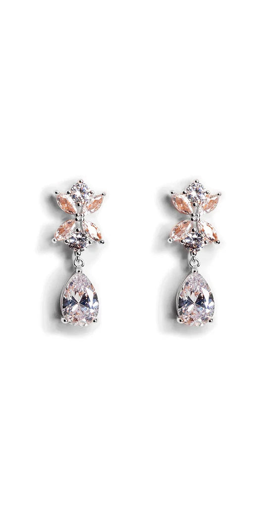 Rhinestone Teardrop Earrings with Leaf Detail - Camille La Vie