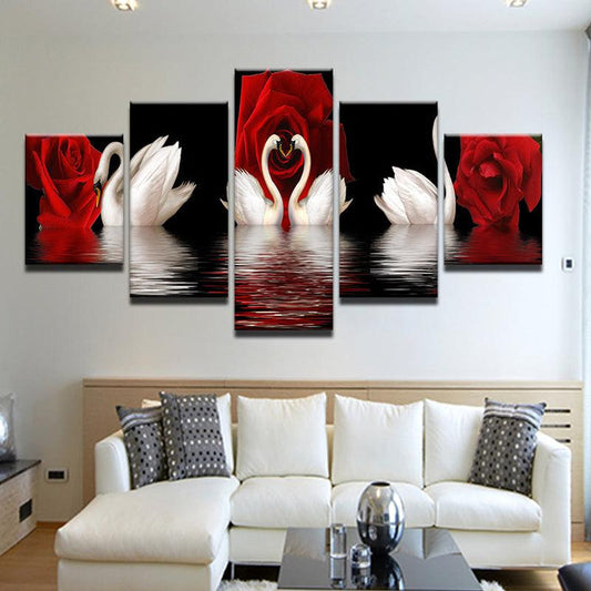 Swans N Roses 5 Panel Canvas Print Wall Art - GotItHere.com