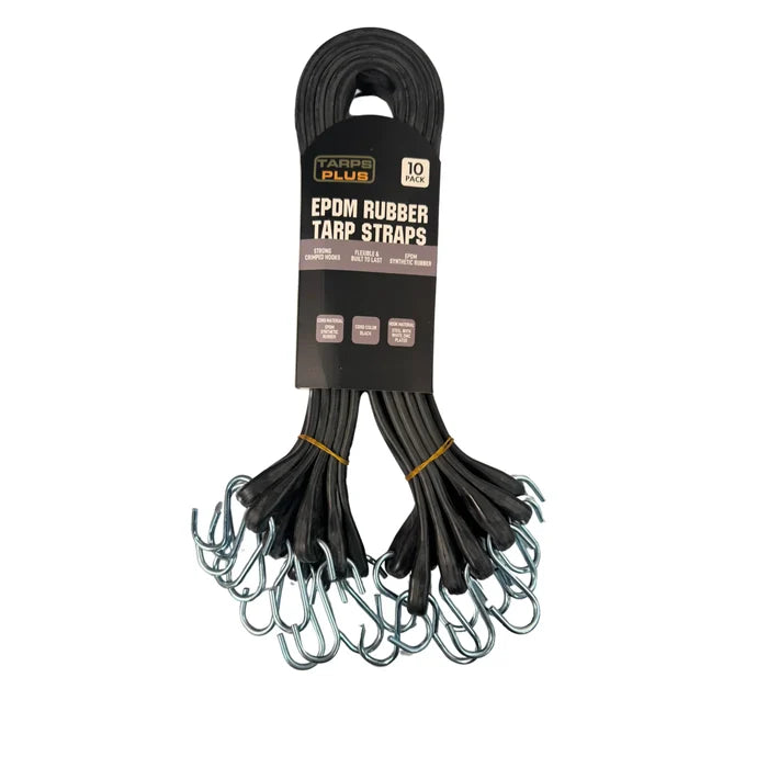 Black 41" rubber tarp strap included in an industrial fastening kit