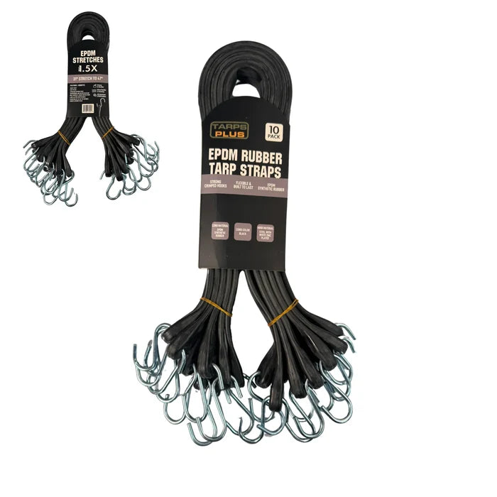 Black 41" rubber tarp strap featuring long reach hook straps